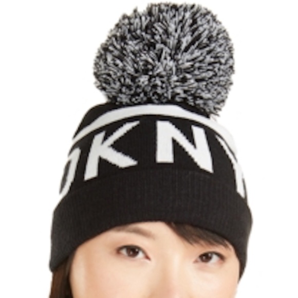 Dkny Accessories - DKNY Stadium Beanie with Big Pom Pom Black White
